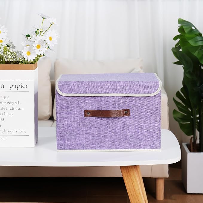 ANMINY 4PCS Storage Bin with Lid Storage Boxes with PU Leather Handles PP Plastic Board Decorative Foldable Lidded Cotton Linen Fabric Home Cubes Baskets Closet Organizer Container - Purple, Medium