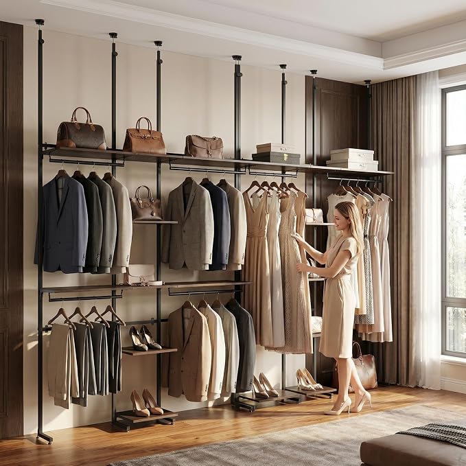 MZG Closet Organizer System, Freestanding Closet System with Wood Shelves & Hanging Rod, Adjustable Floor-to-Ceiling Open Wardrobe for Bedroom, Apartment & Walk-In Closet (16.8" D x72.1 W x 137.9" H)