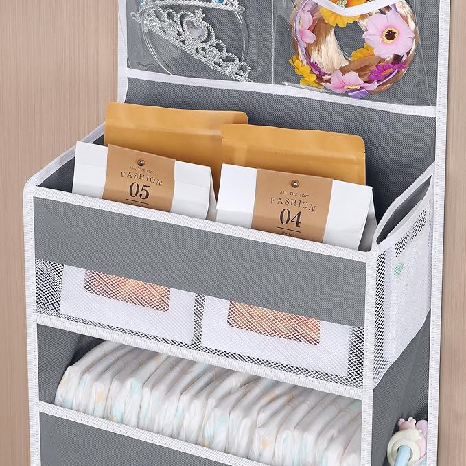 Univivi Over Door Hanging Organizer Storage with 5 Large Pockets and 2 Small PVC Pockets for Cosmetics Wall Hanging Storage Organizer for Pantry Baby Nursery Bathroom Closet Dorm(Grey)