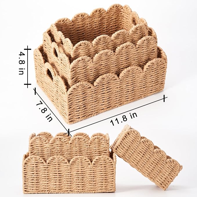 Scalloped Wicker Baskets, Set of 3 Hand-Woven Storage Baskets with Handles - Paper Rope Shelf Organizers & Decorative Baskets for Shelves, Closet, Bathroom (Tan）
