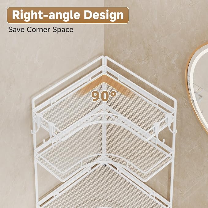 VITVITI 3 Tier Corner Bathroom Counter Organizer, Bathroom Countertop Organizer Storage for Sink, Metal Mesh Makeup Organizer for Vanity Countertop Kitchen with Hooks, White