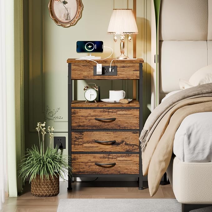 Furnulem Night Stand with Charging Station, USB Ports and Outlets, 28.3 Inch Tall Bedside Table with Wood Shelf, 3 Fabric Drawers Side Table for Bedroom, 3 Ways to Use, Rustic Brown