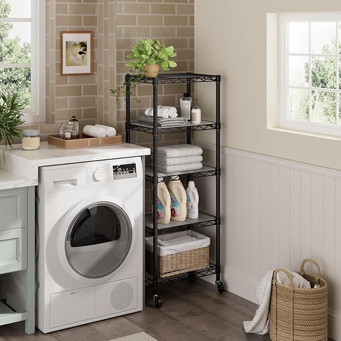 Golpart Small Shelves Storage Wire Metal Adjustable Shelf Unit with Wheels | 5 tier Shelving Organizers Storage Shelving for Bathroom Laundry Room Kitchen Pantry 11.7”D x 17.7”W x 57.2”H Black