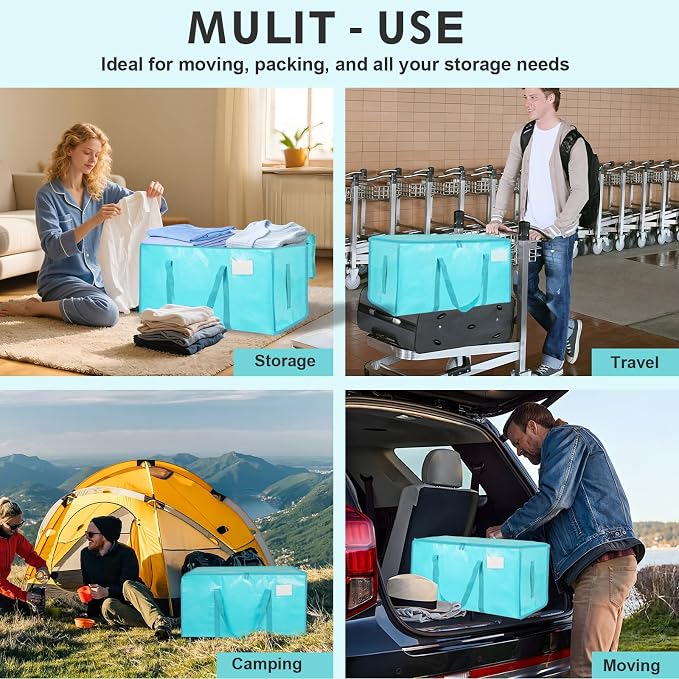4 Pack-Extra Large Heavy Duty Moving Bags - Waterproof Storage Totes with Handles & Zippers, Foldable for College Dorm, Storage (lake blue)