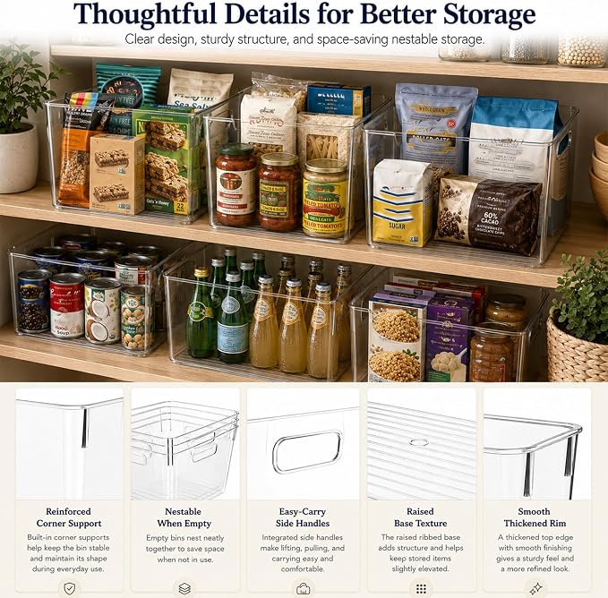 MOONEDGE 8 Pack XL Clear Storage Containers 13x10x8in Plastic Organizers | Clear Bins for Organizing, Organizer Bins with Handles, Garage, Pet Supplies, Linen Storage, Utility Shelf, Cleaning Supplies
