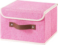 Collapsible Storage Boxes Baskets with Lid Cotton Linen Fabric Storage Bins with Faux Leather Handles Decorative Washable Cube Organizer Container for Home Closet Bedroom (Pink, Small Size)