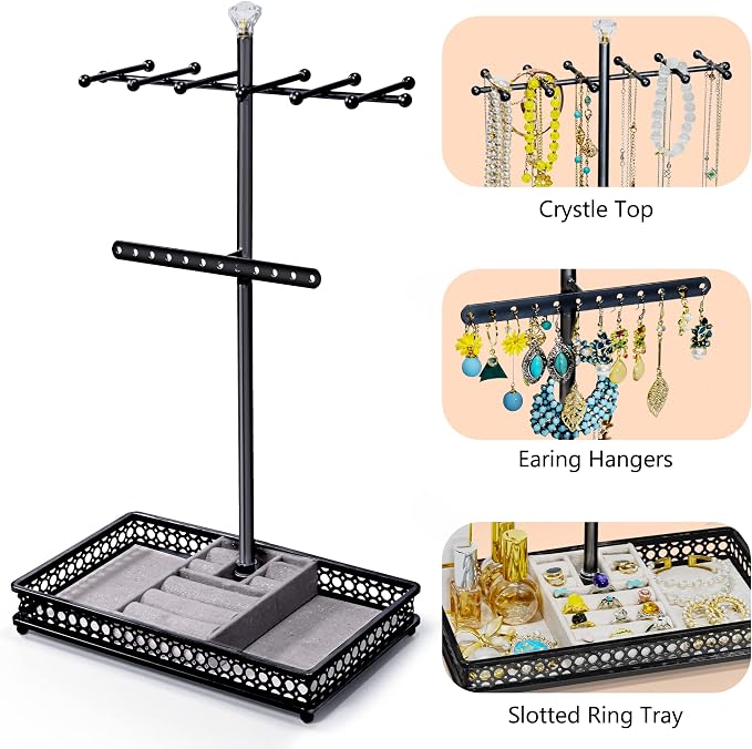 Meangood Jewelry Organizer Stand, 15.6" H Jewelry Tree Display Holder Stand for Bracelets Necklaces Earrings Rings, Gift for Women Girls (Black)