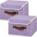 2PCS Collapsible Storage Boxes Baskets with Lid Cotton Linen Fabric Storage Bins with Faux Leather Handles Washable Cube Organizer Container for Home Closet Bedroom Purple Small Size