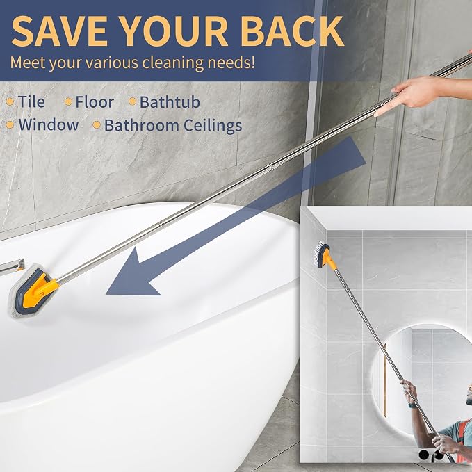 BOOMJOY Tub Cleaner Brush with Long Handle, 55" Extendable Tub Scrubber with Locking Head, No Scratch Shower Cleaning Brush for Bathtub, Bathroom Ceilings, Toilet, Kitchen, Tile, Sink