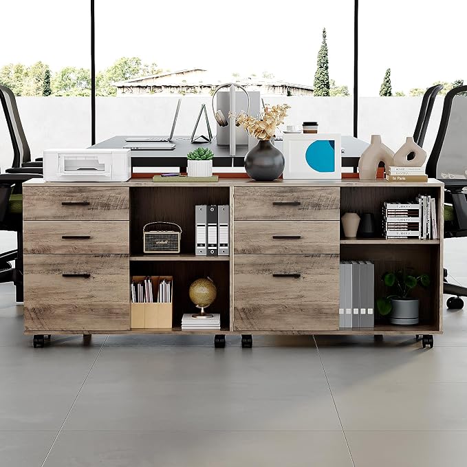 VINGLI 3 Drawer Wood Lateral File Cabinet with Adjustable Shelves & Locking Wheels, Printer Stand with Drawers for Letter Files, Sturdy File Cabinets for Home Office, Study & Business, Rustic Gray