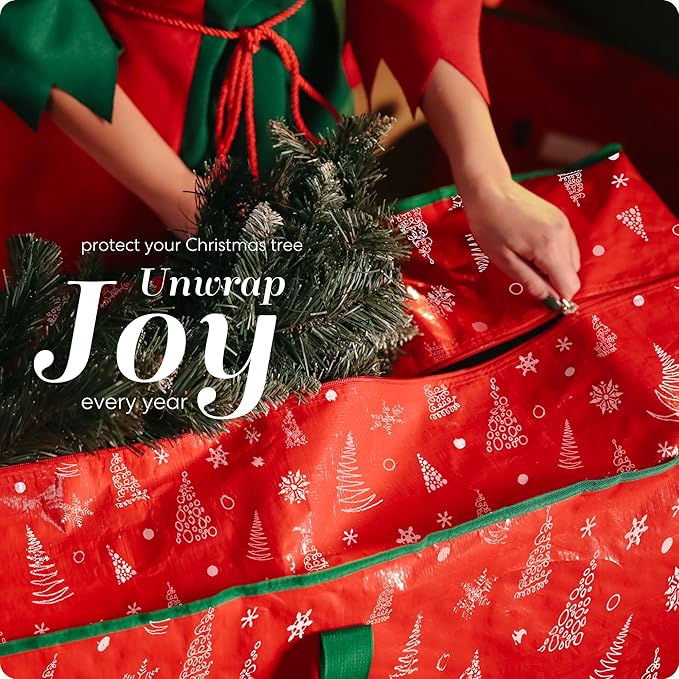 Christmas Tree Storage Bag - Stores 7.5 Foot Artificial Xmas Holiday Tree, Zippered Bag, Durable Waterproof Material, Carry Handles - Protects Against Dust, Insects and Moisture (Red Printed)