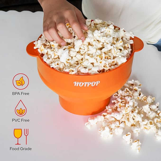 The Original Hotpop Microwave Popcorn Popper, Silicone Popcorn Maker, Collapsible Bowl BPA-Free and Dishwasher Safe- 20 Colors Available (Orange) (Pack of 2)