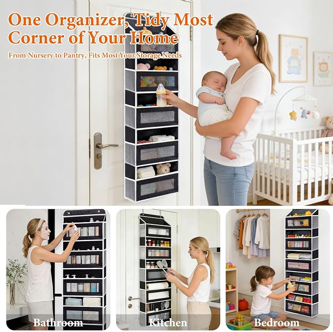 SWIND Over the Door Organizer 5-Tier, Heavy Duty Behind Door Storage, Anti-Tilt Capacity, Door Hanging Organizer with Clear Window for Closet, Bathroom, Nursery, Bedroom, Pantry, Shoe Diaper (Black)