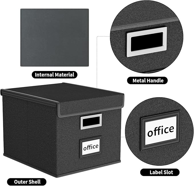 Huolewa File Organizer Box with Lid, Collapsible File Folder Organizer for Office Document Storage, Filing Box with Plastic Slide for Letter Size Hanging File Folders(1 Pack, Black)