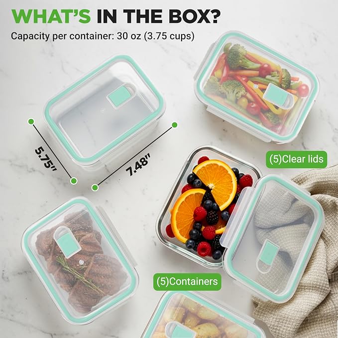 NutriChef 10 Piece Glass Food Storage Containers with Lids – 30 oz Meal Prep Containers Reusable Glass – Airtight Lunch Containers for Food Storage – Freezer to Oven Safe - Green