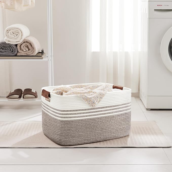 60L Woven Laundry Basket Hamper with Leather Handles,Dark Brown | 21"x15"x11", collapsible wicker hamper, storage for dirty clothes, toys, blankets, gifts, living room, bedroom, bathroom