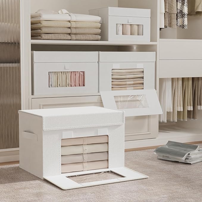 Storage Bins with Lids, Cube Organizer Basket with Window, Closet Boxes with Carrying 2 Handles and Sturdy PP Support Plate, 2 Pack, White, 10.2 x 7.9 x 6.7 In, XSNY17WS-2
