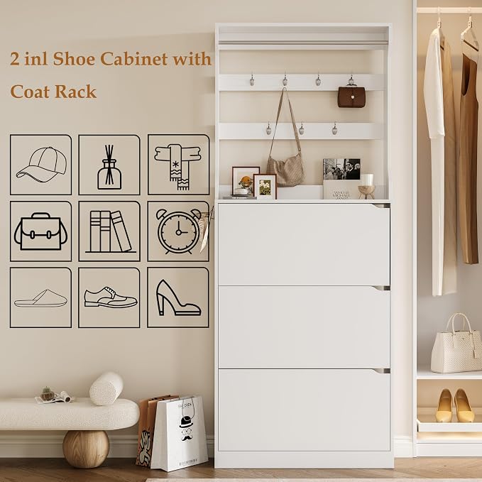 Wodeer Tall Shoe Cabinet with Coat Rack, Hidden Shoe Storage Cabinet with Doors & Drawer, Hanging Bar & Hooks, Slim Narrow Freestanding Shoe Rack Organizer for Entryway, Hallway & Living Room, White