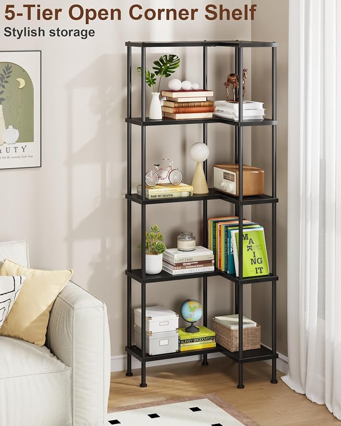 HIGDBFE 5-Tier L-Shaped Corner Bookshelf, 60" Tall Modern Corner Shelf | L-Shape Corner Fits Living Room, Bedroom, or Home Office Corners, 5 Open Shelves, Display Rack for Books, Plants, and More