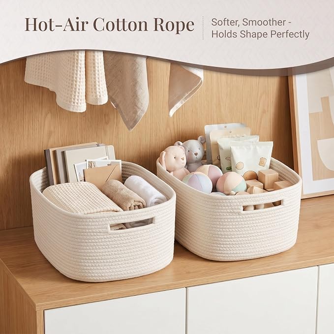 4-Pack Large Woven Rope Storage Baskets, 2 Sizes Organizer Bins | Fabric Cube Boxes and Rectangular Shallow Bins for Closet, Shelf, Bookshelf, Nursery, Changing Table, Bathroom, Toys & Home