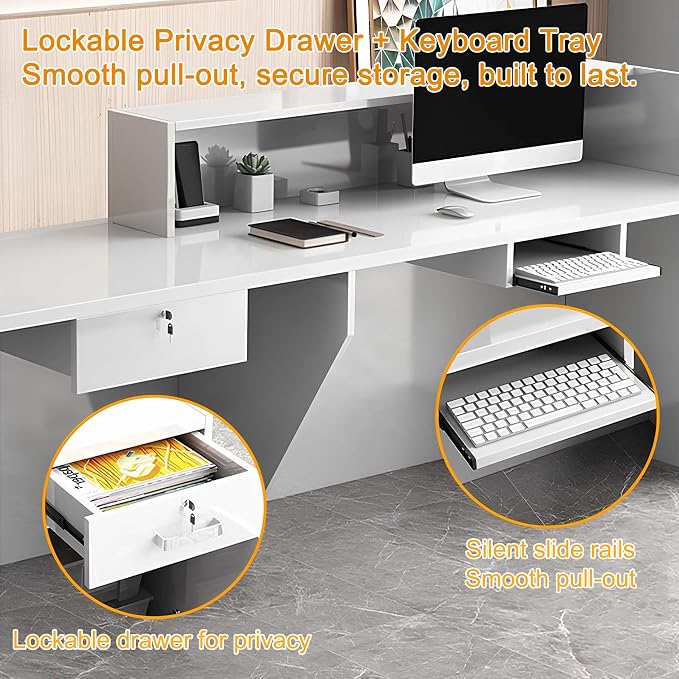Modern Reception Desk with Counter, Front Desk Reception Counter with Lockable Drawer, Keyboard Tray & Storage Cabinet, Solid Wood Receptionist Table for Salon Office Lobby (F - Right, L 2.6m/102in)