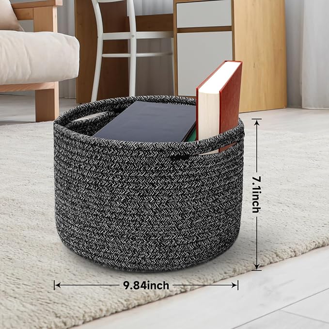 Small Rope Baskets for Storage, Baskets for Gifts Empty, Cute Round Woven Basket, Decorative Shelf Baskets 9.82×9.82×7.1", Cotton Toy Basket Storage Bins for Organizer 3 Packs Black