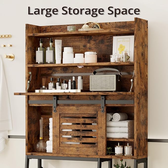 IRONCK Over The Toilet Storage Cabinet with Sliding Barn Door | 5-Tier Farmhouse Bathroom Organizer with Side Open Shelves, Freestanding Space Saver, Adjustable Shelf, Vintage Brown