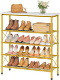 Tajsoon 5 Tier Shoe Rack Organizer for 16-20 Pairs of Shoes, Metal Mesh Shoe Shelf for Closet, Industrial Shoe Rack for Entryway Shoe Storage with X Shape Fixed Frame, White & Gold
