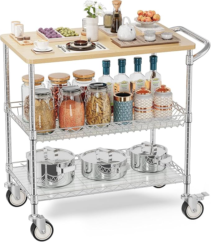 Rolling Kitchen Carts with Wheels, 3-Tier Utility Cart with Wood Tabletop | NSF Commercial Metal Serving Cart with Handle and Shelf Liner for Kitchen Snacks, 34"D x 17.5"W x 32.5"H,Chrome