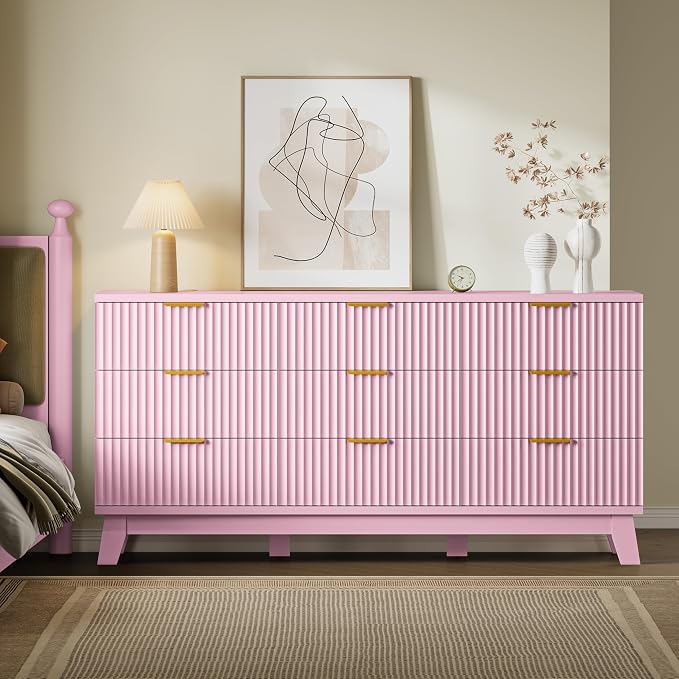 BORNOON Fluted 9 Drawer Dresser, 57.1" Wide Modern Boho Chest of Drawers, Wooden Storage Dresser TV Stand for Bedroom, Living Room, Closet, Hallway, Curved Profile Design