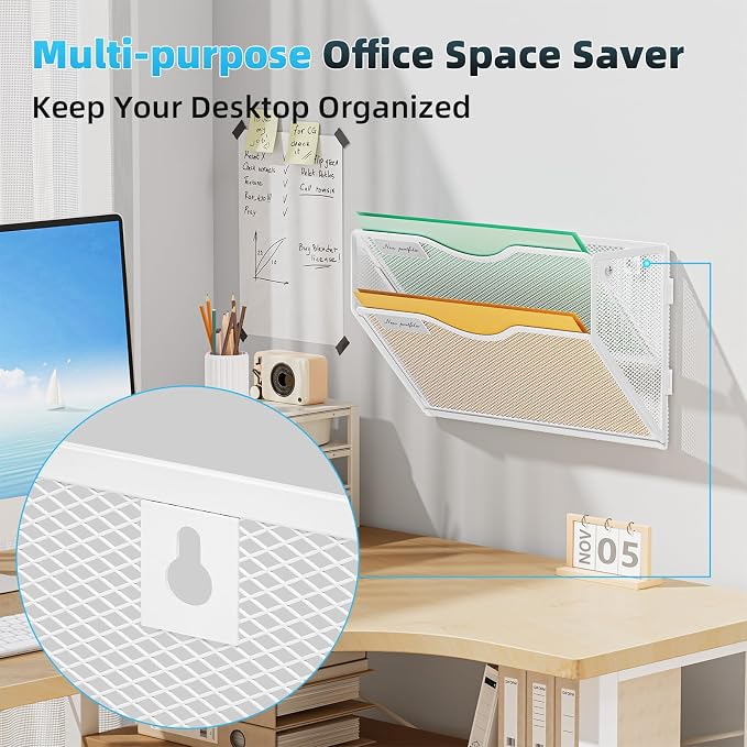 Marbrasse Wall File Holder 2-Tier Hanging Wall File Organizer, Mesh Mail Holder for Papers, Wall Mount File Clipboard & Magazine Organizer Great for Office Home (White)
