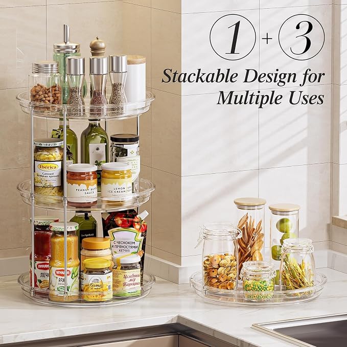 LAMU Rotating Makeup Organizer for Vanity, 10.6in 2 Tier Lazy Susan Turntable Stackable Spinning Skincare Organizer Cosmetic Perfume Tray Display for Bathroom Counterop, Large Capacity, Clear