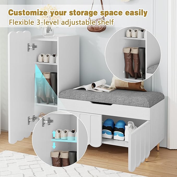 3More Shoe Organizer Cabinet,Entryway Bench with Adjustable Shelves and Cushioned Seat,Unique L-Shaped Bench Cabinet for Entryway, Hallway, Living Room