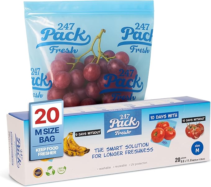 Freshpack 247 Produce Storage Bags Size M 10 x 12 Inches 1 Gallon 20 Pack Reusable Food Storage Bags With Zipper, Bread Keeper Bag For Fruits Vegetables Meal Prep Pantry Use