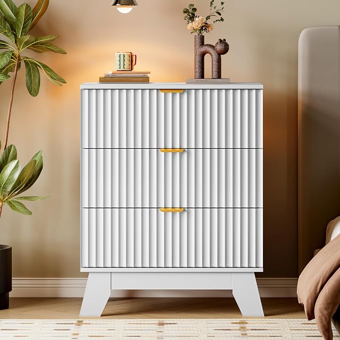 BORNOON Fluted 3 Drawer Dresser, 30.3" Tall Compact Modern Boho Chest of Drawers, Wooden Storage Cabinet for Bedroom, Living Room, Entryway, Curved Profile Design