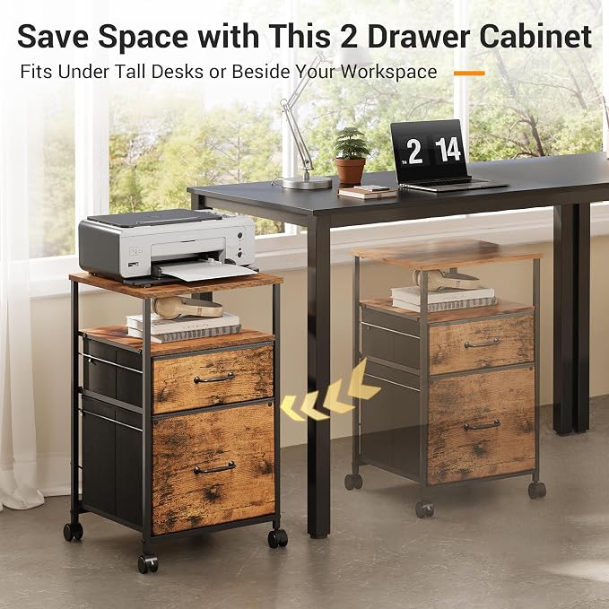 DEVAISE 2 Drawer Mobile File Cabinet with Open Storage Shelf | Rolling Printer Stand, Fabric Vertical Filing Cabinet fits A4 or Letter Size for Home Office, Rustic Brown Wood Grain Print
