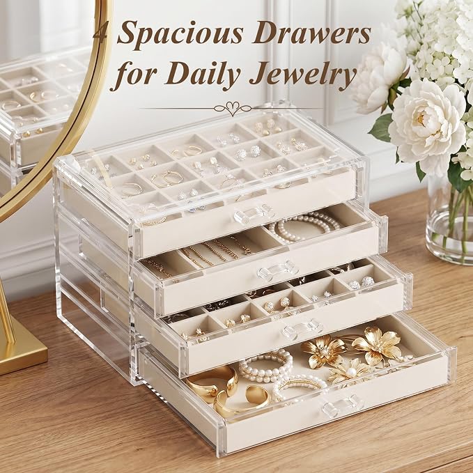 Clear Jewelry Box with 4 Drawers, Acrylic Jewelry Organizers and Storage with Velvet Trays, Earring Holder Organizer for Women and Girls, Warm White