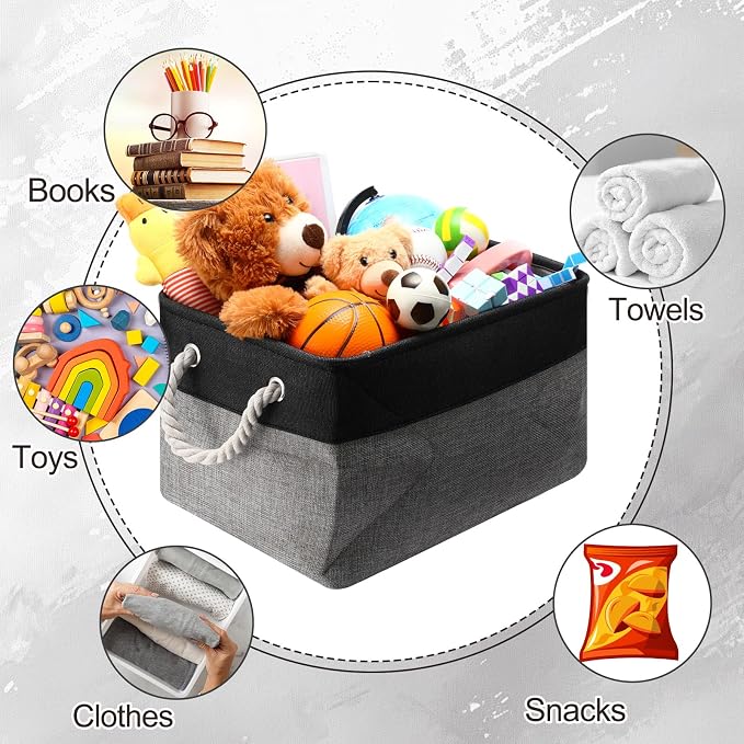 meekoo 8 Pack Collapsible Storage Bins Fabric Storage Bins Polyester Fabric Baskets with Handles Linen Closet Organizer for Shelf Home Closet Towels Toys(15 x 11 x 9.5 in,Black Gray)
