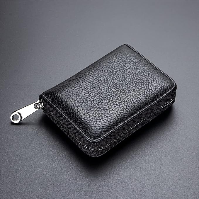 Suweibuke Genuine Leather Credit Card Holder Zipper Wallet RFID Blocking Secure Card Case ID Case Organizer (Classic-Black Leather)
