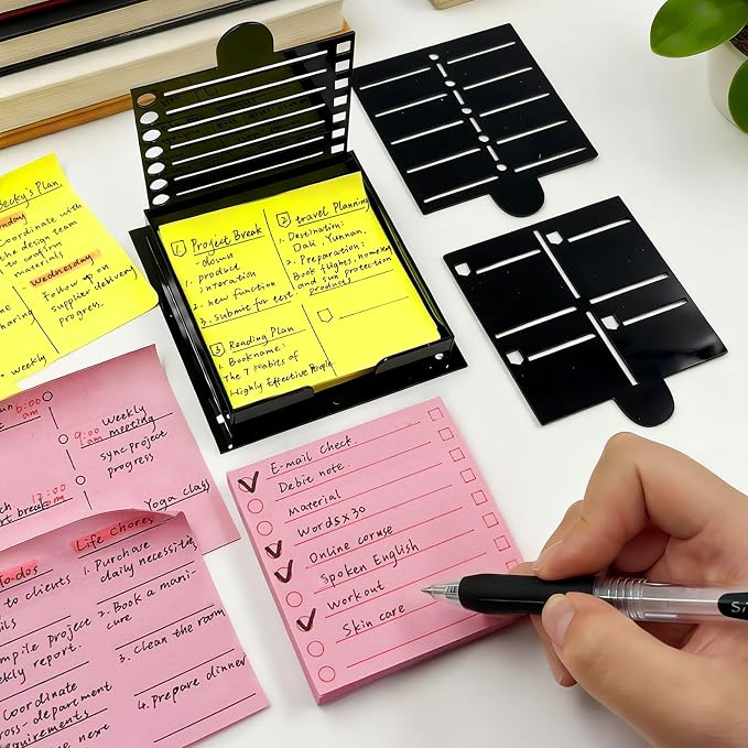 Daily Treasures Sticky Note Holder with 3 Reusable Stencils, Acrylic Post It Note Holder for 3x3 inch Sticky Notes, Multi-Template (Daily/Weekly/Goals/Meal/to Do List) Desk Organizer for Office Home