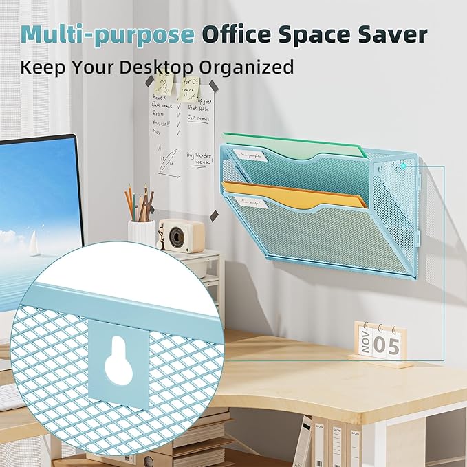 Marbrasse Wall File Holder 2-Tier Hanging Wall File Organizer, Mesh Mail Holder for Papers, Wall Mount File Clipboard & Magazine Organizer Great for Office Home - 2P(Blue)