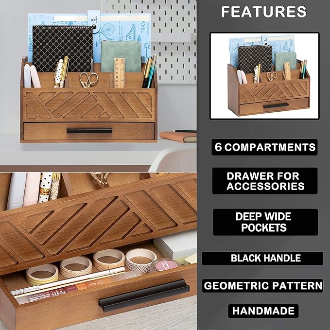 dreampossible Brown Wood Desk Organizer and Accessories with Drawer, Bill Mail Organizer and File Mail Holder for Office Supplies, Modern Desk Accessories & Workspace Organizers for Desk Organization