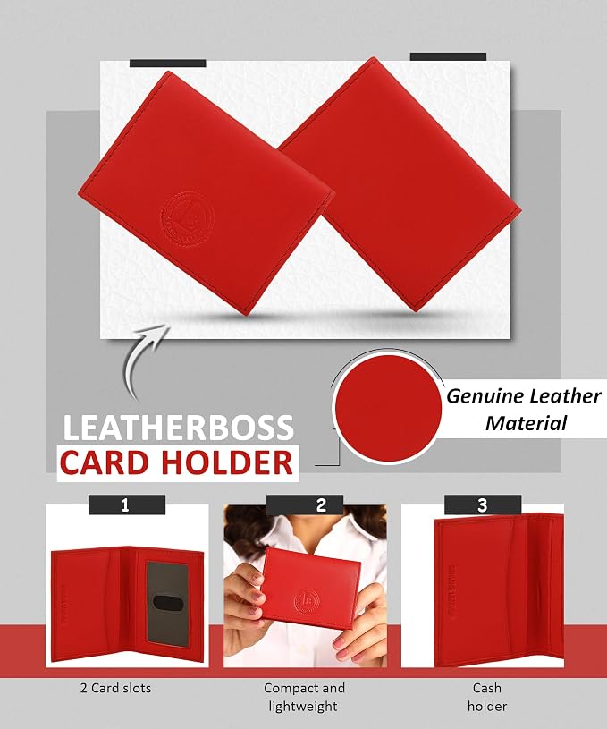 Leatherboss Slim Thin Leather Credit Card Id Mini Wallet Holder Bifold Driver's License Safe (Red)