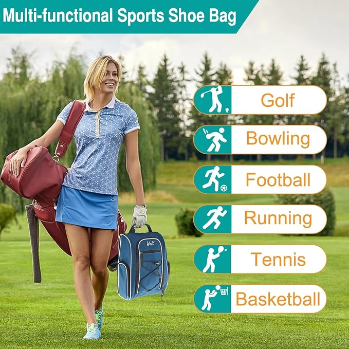 Wolt |Golf Shoe Bag for Travel- Zippered Shoes Carrier Bags with Ventilation & Double Outside Accessory Pocket for Socks, Tees, Golf Balls, Etc. for Women and Men (DarkBlue)