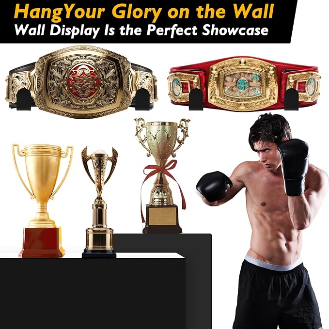 4 Pcs Wrestling Championship Belt Wall Display Holder Belt Horizontal Wall Mount Display Organizer Secure Rack for Wrestling Gifts and Awards