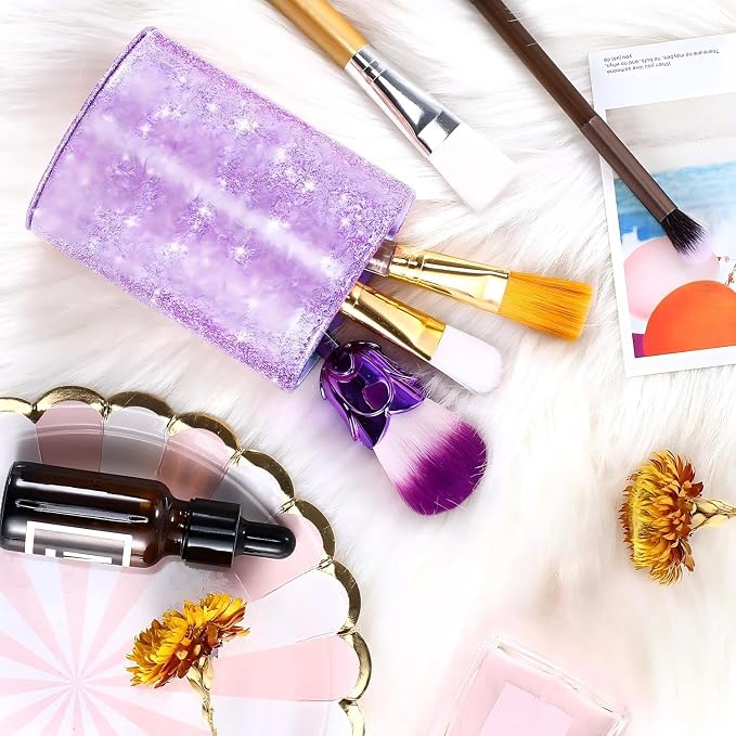 Outus Back to School Supplies PU Glitter Pen Holder Pencil Cup Shiny for Women Girls, Luxury Makeup Brush Holder PU Leather Organizer Cup Gift for Desk Office Classroom Home(Purple)