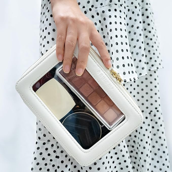 Aveniee Clear Makeup Bag Organizer, Travel Toiletry Bag Cosmetic Case for Women, Make Up Skincare Pouch Car Organizer Bag with Zippers for Essentials,White,Medium Classic