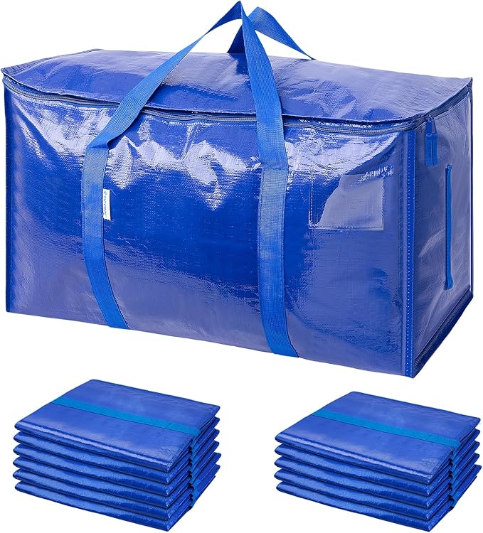 TICONN 12 Pack Extra Large Moving Bags with Zippers & Carrying Handles, Heavy-Duty Storage Tote Moving Boxes for Space Saving (12 PK, 18 Gallon)