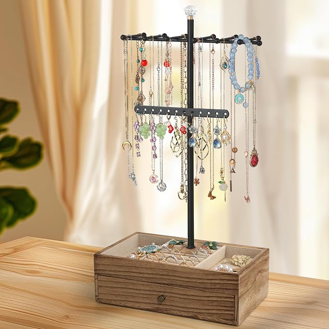 Meangood Jewelry Organizer Stand, 3-Tier Necklace Holder Jewelry Tree with Wooden Storage Drawer Box for Necklace Bracelet Earring Ring, Carbonized Black