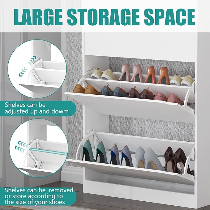 Wodeer Narrow Shoe Cabinet for Entryway, Slim Shoe Storage Cabinet with 3 Flip Drawers, Hidden Wood Shoe Cabinet Storage, Freestanding Shoe Rack Organizer Foyer, Hallway, White